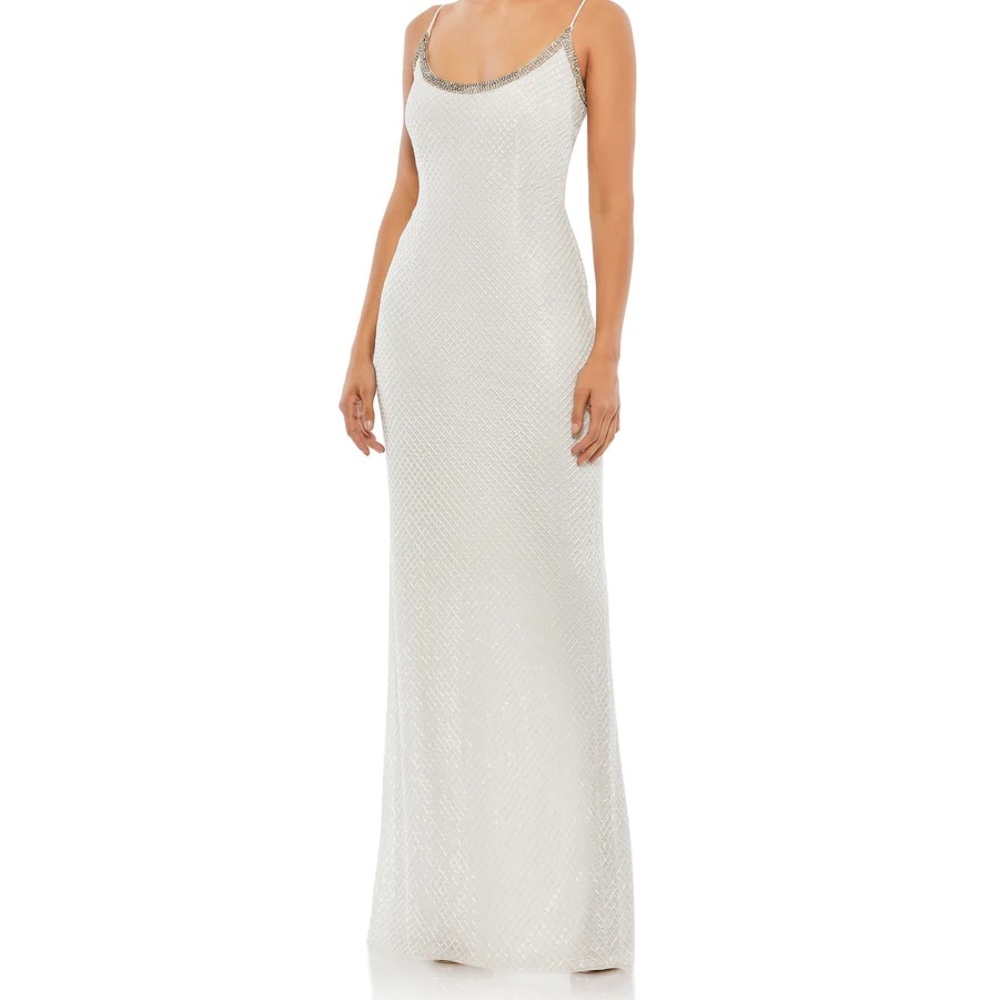 Mac Duggal White Beaded Formal Sheath Gown with Rhinestone accent 8